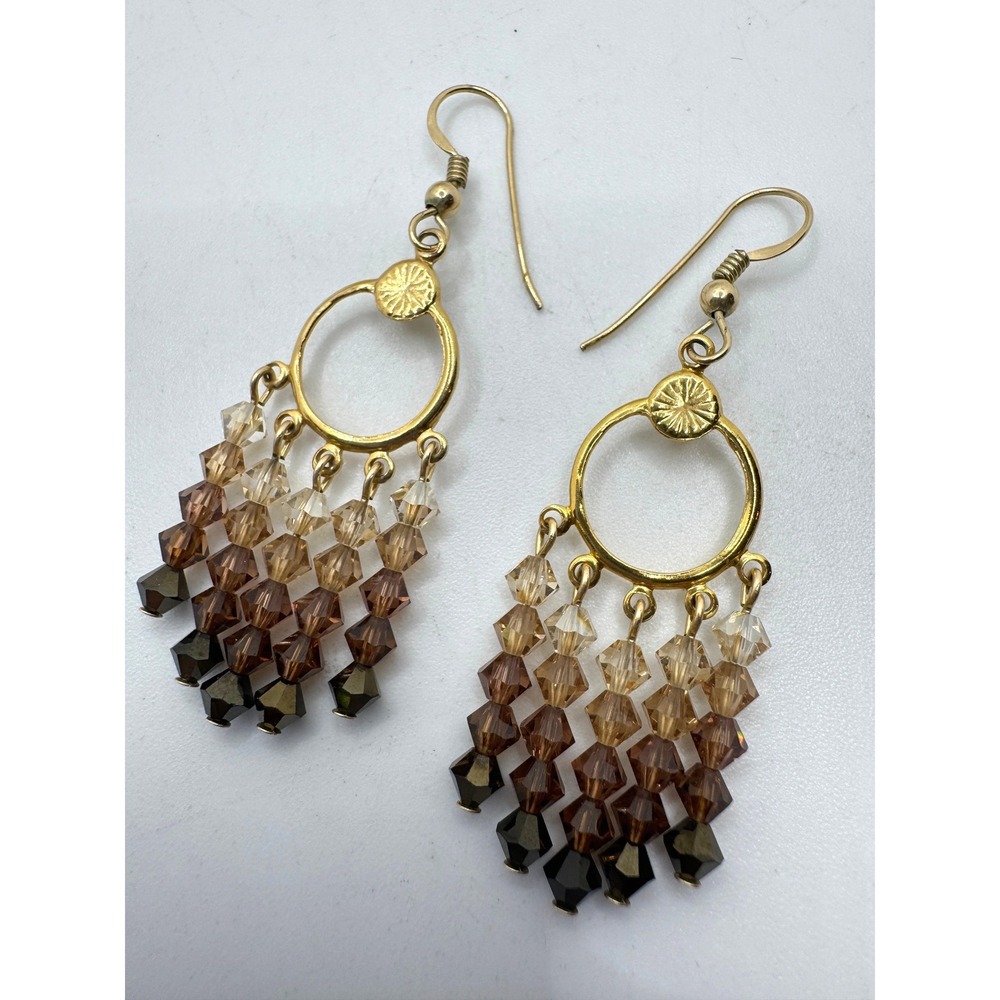 Gold Tone Ombre Brown Crystal Beaded Chandelier Dangle Earrings Boho Statement